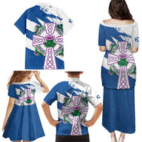 Scotland Celtic Cross Family Matching Puletasi and Hawaiian Shirt Thistle Flowers - Wonder Print Shop