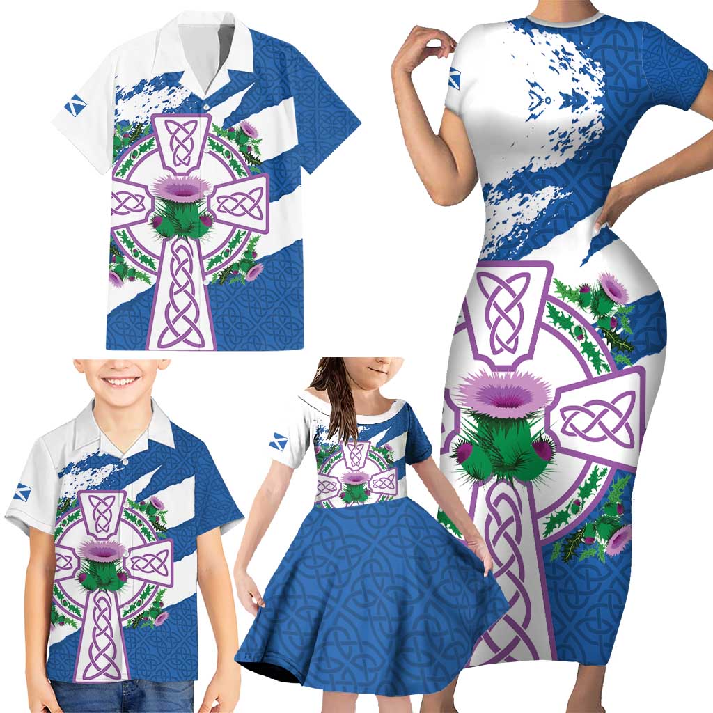 Scotland Celtic Cross Family Matching Short Sleeve Bodycon Dress and Hawaiian Shirt Thistle Flowers - Wonder Print Shop