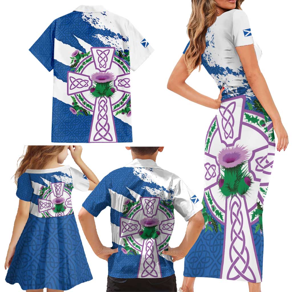 Scotland Celtic Cross Family Matching Short Sleeve Bodycon Dress and Hawaiian Shirt Thistle Flowers - Wonder Print Shop