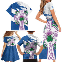 Scotland Celtic Cross Family Matching Short Sleeve Bodycon Dress and Hawaiian Shirt Thistle Flowers - Wonder Print Shop