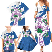 Scotland Celtic Cross Family Matching Summer Maxi Dress and Hawaiian Shirt Thistle Flowers - Wonder Print Shop