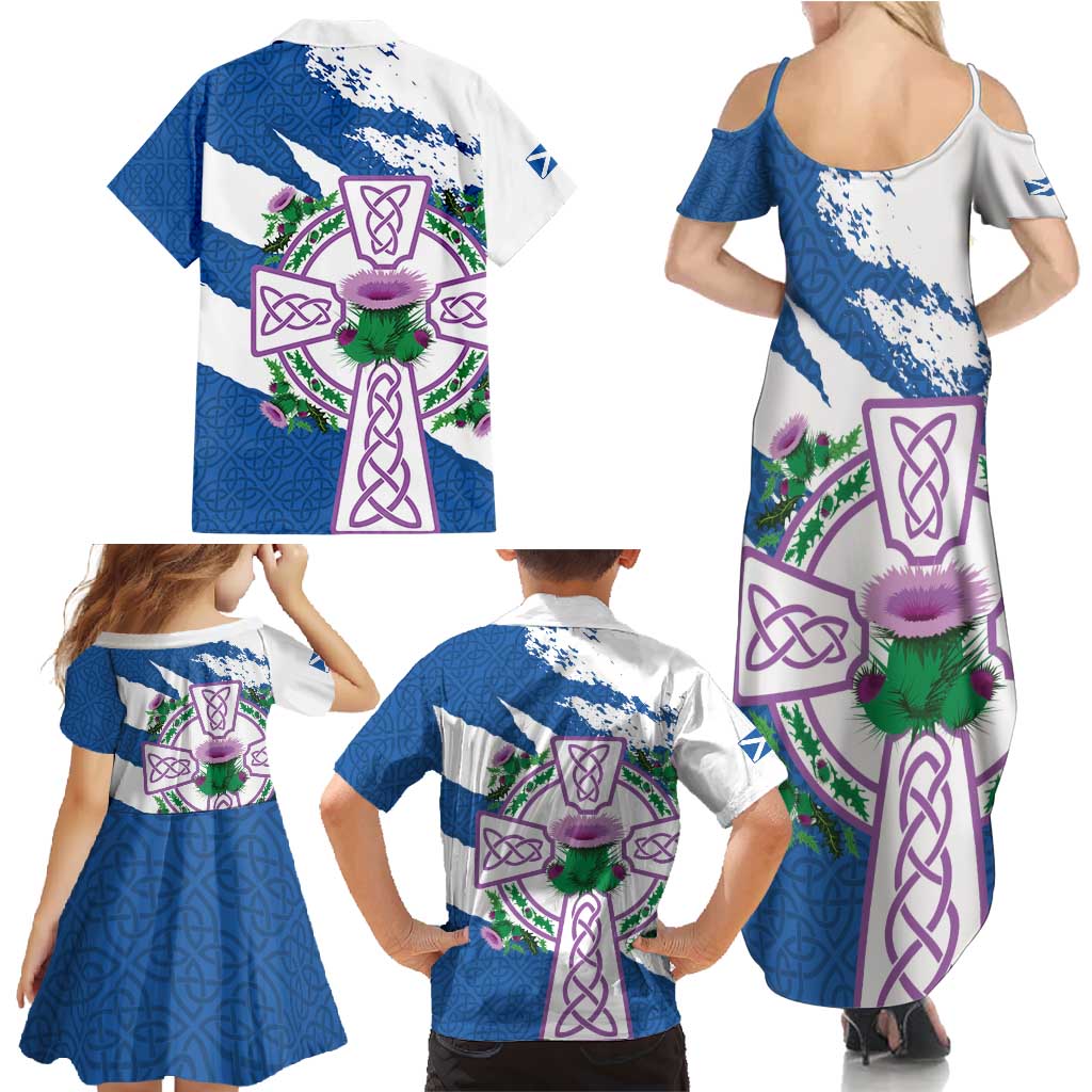 Scotland Celtic Cross Family Matching Summer Maxi Dress and Hawaiian Shirt Thistle Flowers - Wonder Print Shop