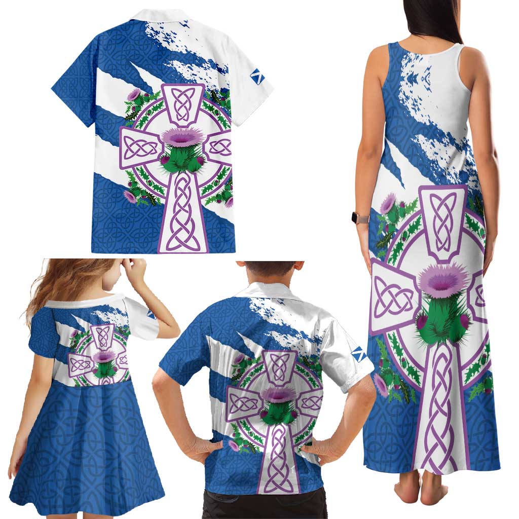 Scotland Celtic Cross Family Matching Tank Maxi Dress and Hawaiian Shirt Thistle Flowers - Wonder Print Shop