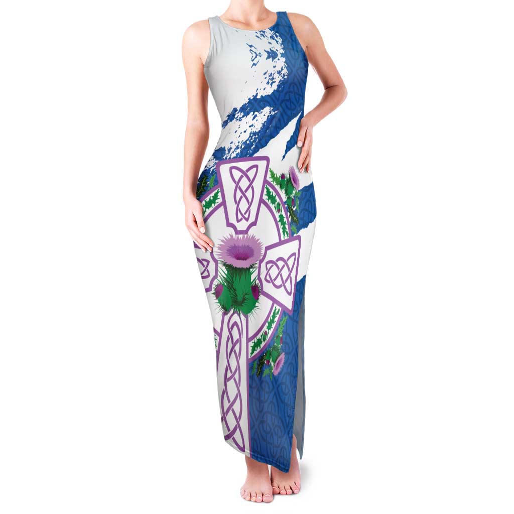Scotland Celtic Cross Family Matching Tank Maxi Dress and Hawaiian Shirt Thistle Flowers - Wonder Print Shop