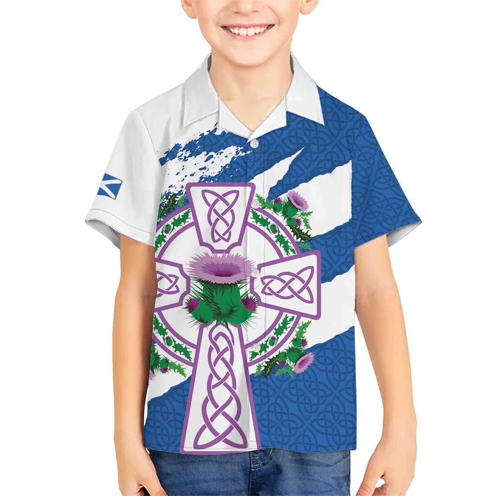 Scotland Celtic Cross Kid Hawaiian Shirt Thistle Flowers - Wonder Print Shop
