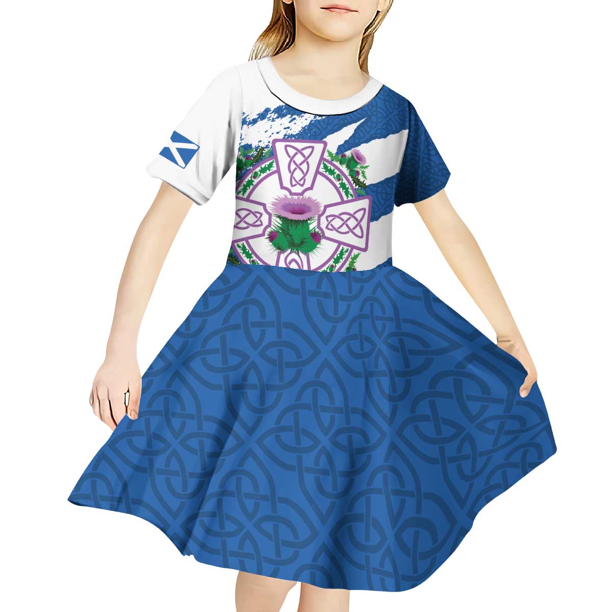 Scotland Celtic Cross Kid Short Sleeve Dress Thistle Flowers - Wonder Print Shop
