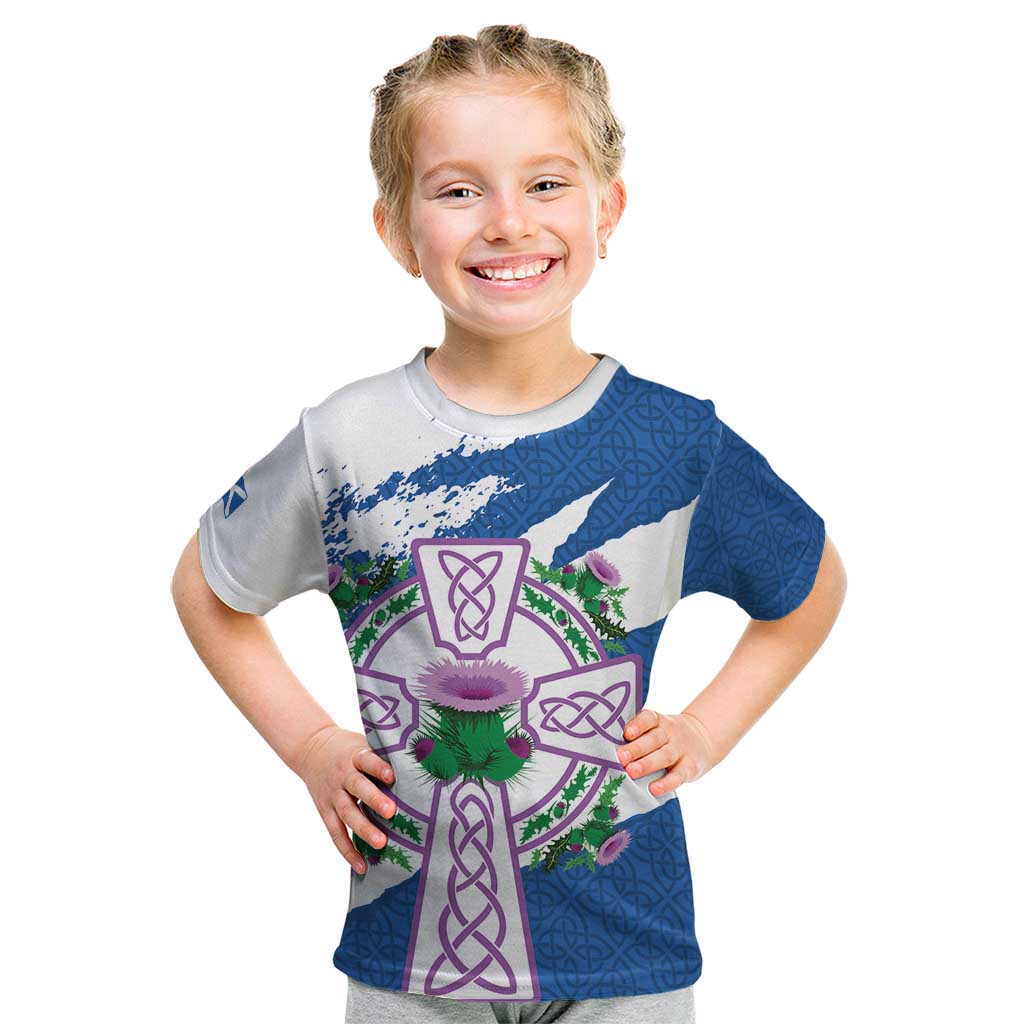 Scotland Celtic Cross Kid T Shirt Thistle Flowers - Wonder Print Shop