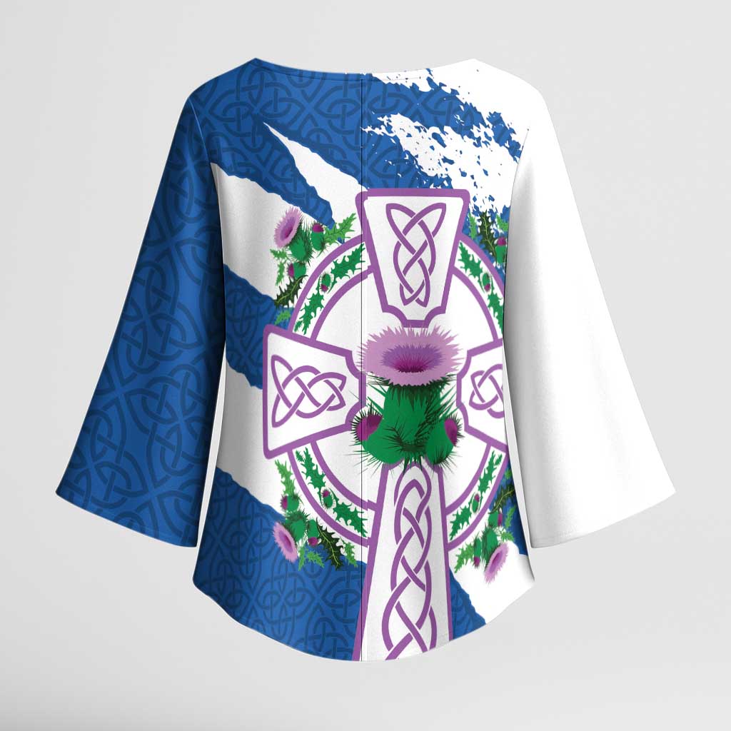 Scotland Celtic Cross Kimono Sleeve Blouse Thistle Flowers - Wonder Print Shop
