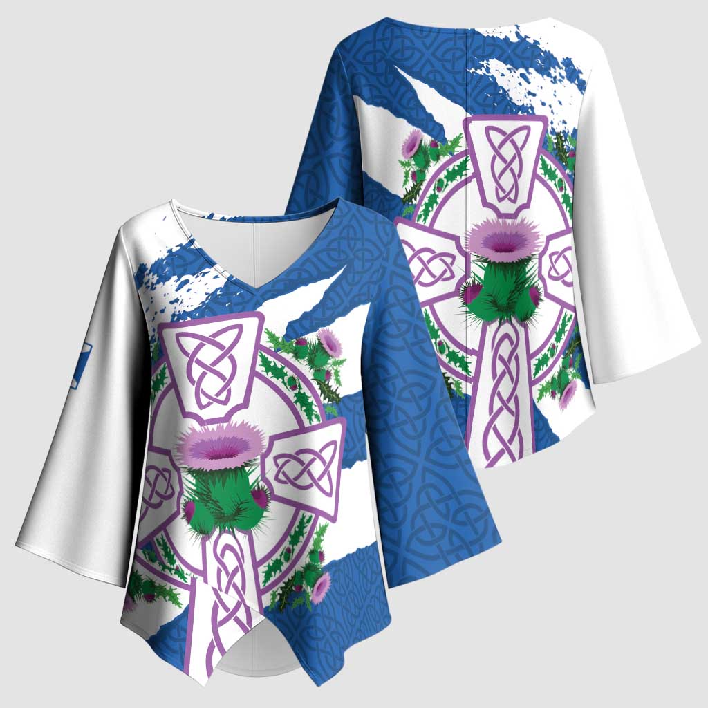 Scotland Celtic Cross Kimono Sleeve Blouse Thistle Flowers - Wonder Print Shop