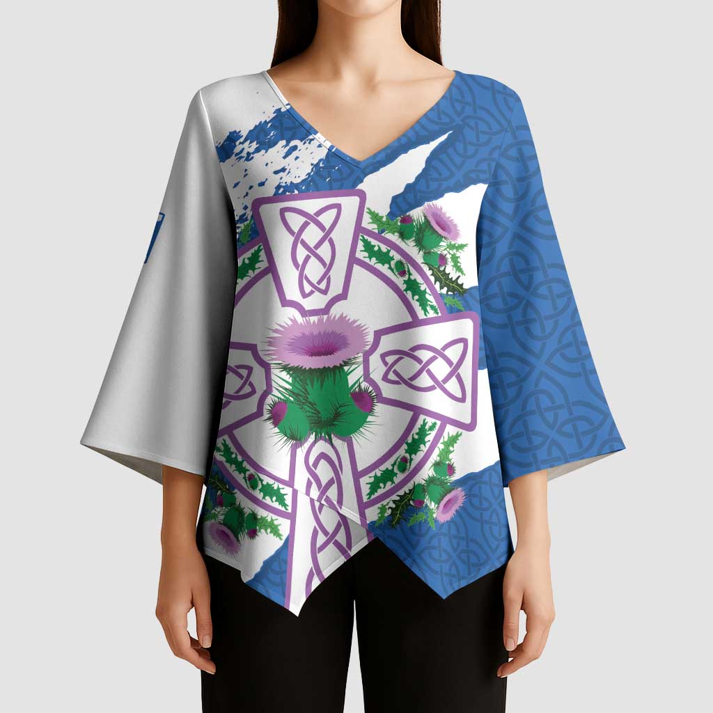 Scotland Celtic Cross Kimono Sleeve Blouse Thistle Flowers - Wonder Print Shop