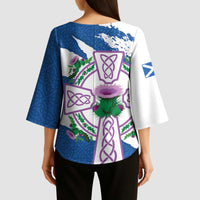 Scotland Celtic Cross Kimono Sleeve Blouse Thistle Flowers - Wonder Print Shop
