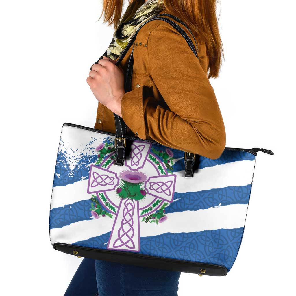 Scotland Celtic Cross Leather Tote Bag Thistle Flowers - Wonder Print Shop