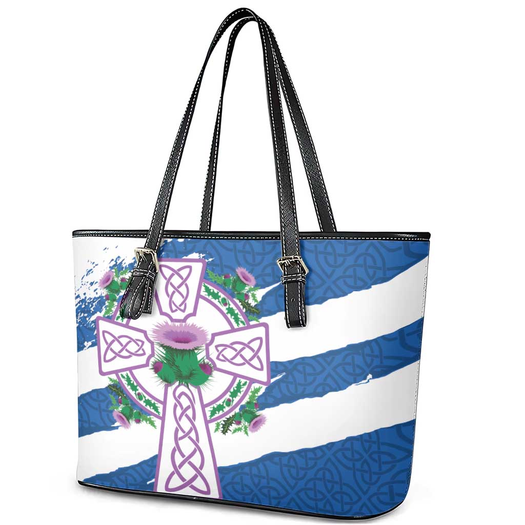 Scotland Celtic Cross Leather Tote Bag Thistle Flowers - Wonder Print Shop