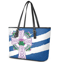 Scotland Celtic Cross Leather Tote Bag Thistle Flowers - Wonder Print Shop