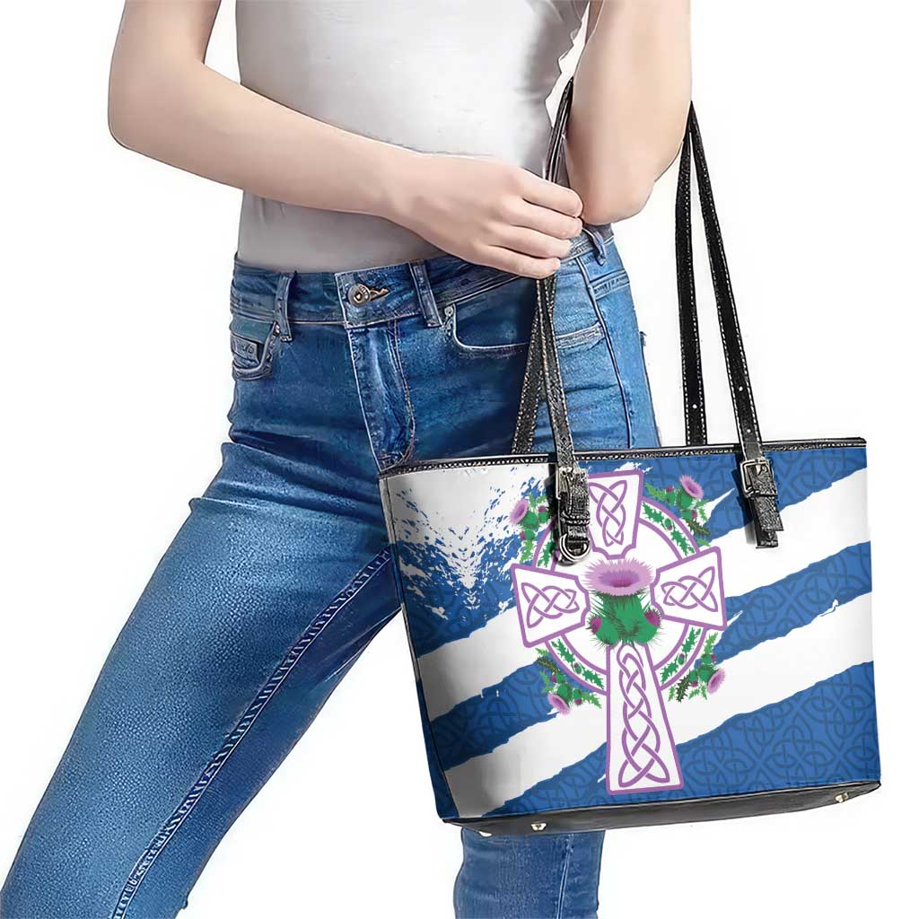 Scotland Celtic Cross Leather Tote Bag Thistle Flowers - Wonder Print Shop