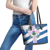 Scotland Celtic Cross Leather Tote Bag Thistle Flowers - Wonder Print Shop