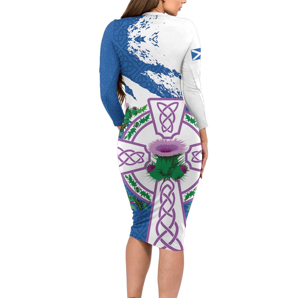 Scotland Celtic Cross Long Sleeve Bodycon Dress Thistle Flowers - Wonder Print Shop