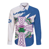Scotland Celtic Cross Long Sleeve Button Shirt Thistle Flowers - Wonder Print Shop