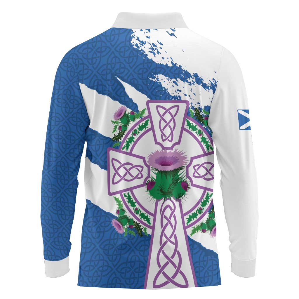 Scotland Celtic Cross Long Sleeve Polo Shirt Thistle Flowers - Wonder Print Shop