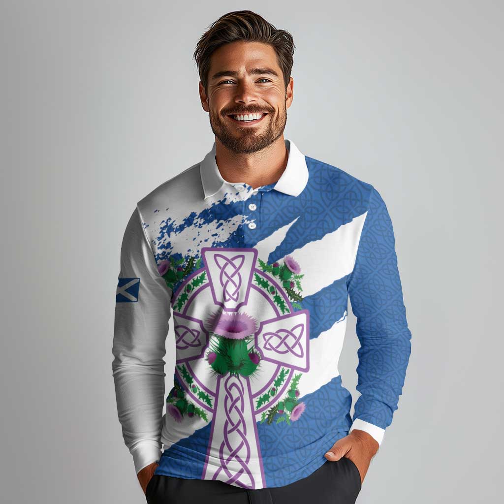 Scotland Celtic Cross Long Sleeve Polo Shirt Thistle Flowers - Wonder Print Shop