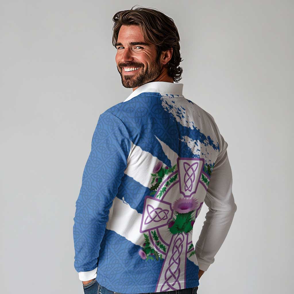 Scotland Celtic Cross Long Sleeve Polo Shirt Thistle Flowers - Wonder Print Shop