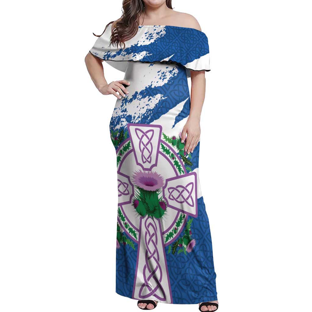Scotland Celtic Cross Off Shoulder Maxi Dress Thistle Flowers - Wonder Print Shop