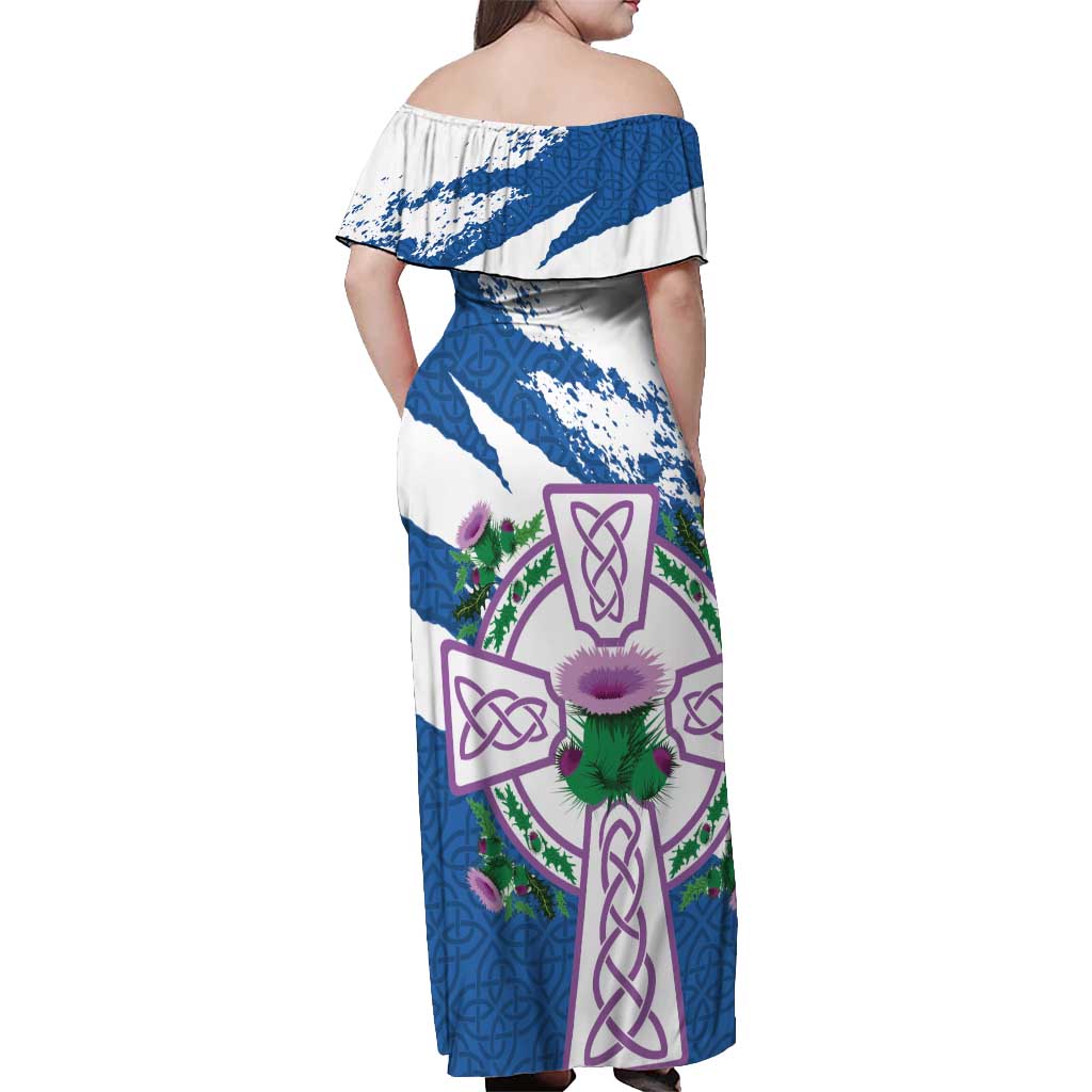 Scotland Celtic Cross Off Shoulder Maxi Dress Thistle Flowers - Wonder Print Shop