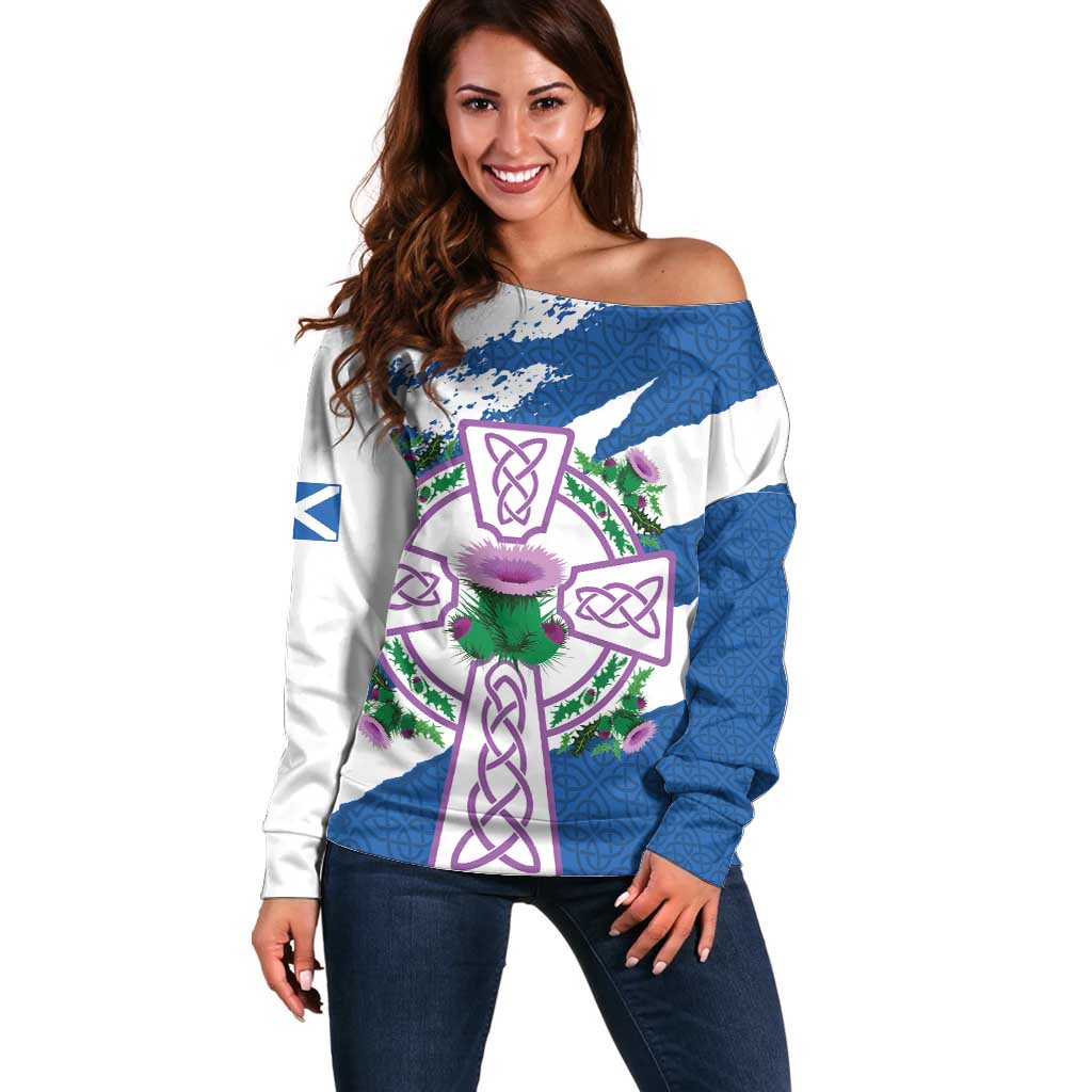 Scotland Celtic Cross Off Shoulder Sweater Thistle Flowers - Wonder Print Shop