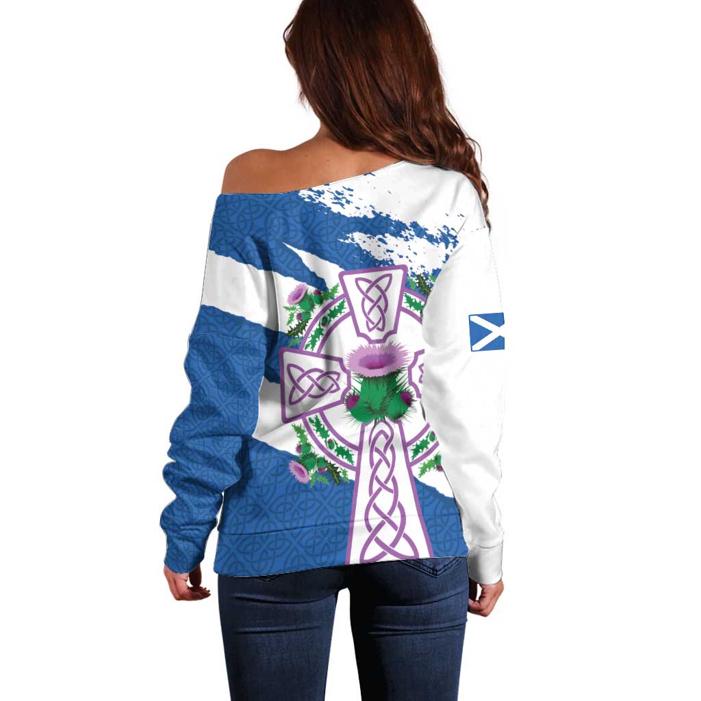 Scotland Celtic Cross Off Shoulder Sweater Thistle Flowers - Wonder Print Shop