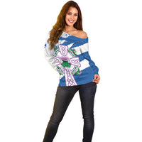 Scotland Celtic Cross Off Shoulder Sweater Thistle Flowers - Wonder Print Shop