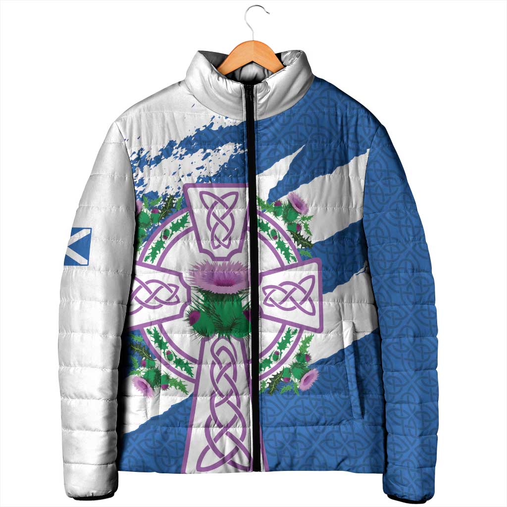 Scotland Celtic Cross Padded Jacket Thistle Flowers - Wonder Print Shop