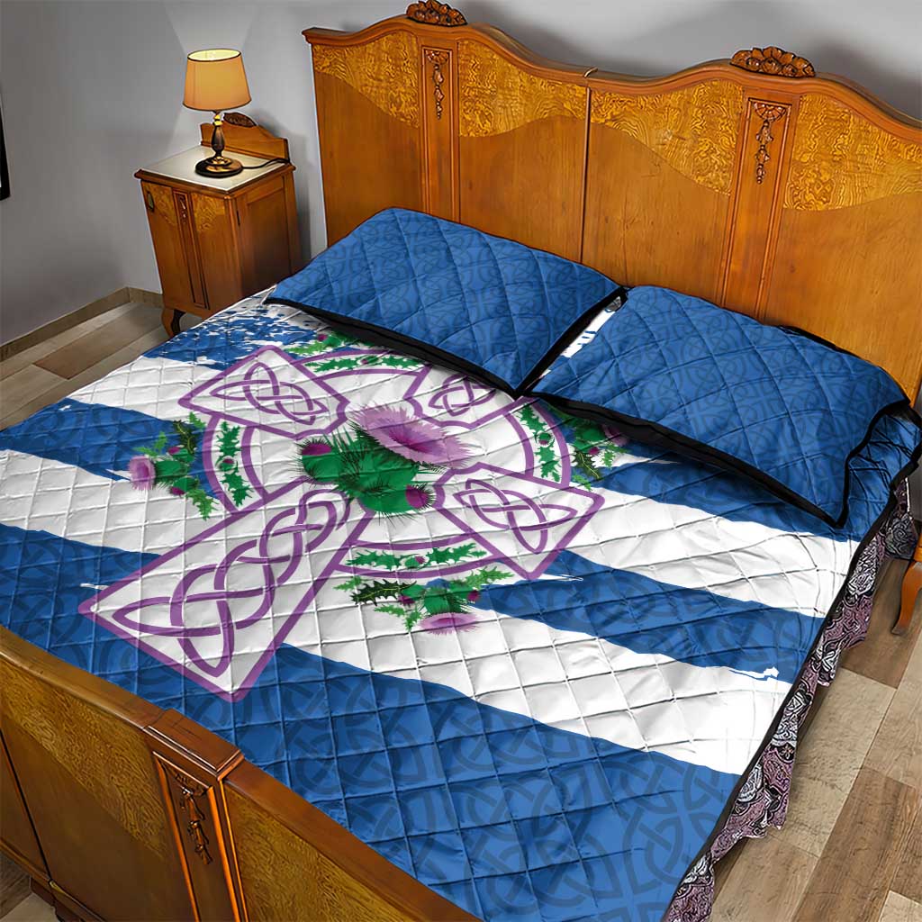 Scotland Celtic Cross Quilt Bed Set Thistle Flowers - Wonder Print Shop
