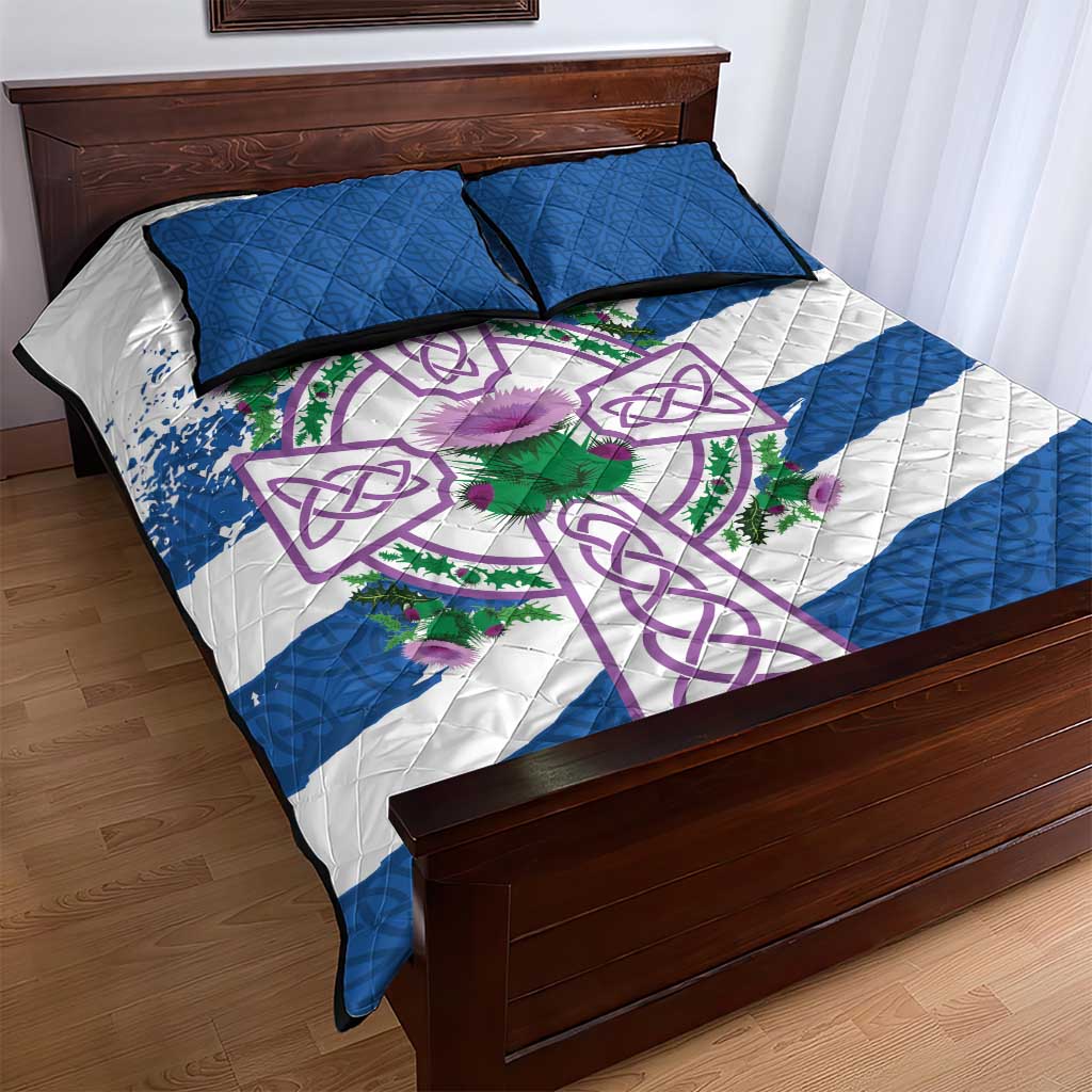 Scotland Celtic Cross Quilt Bed Set Thistle Flowers - Wonder Print Shop