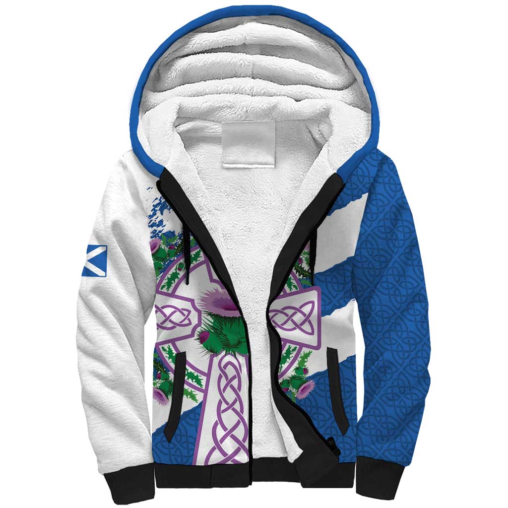 Scotland Celtic Cross Sherpa Hoodie Thistle Flowers - Wonder Print Shop