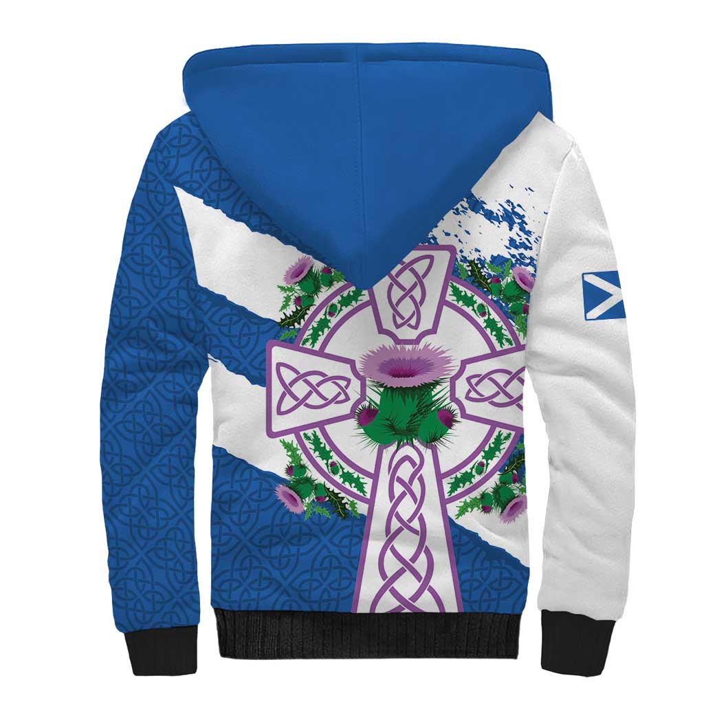Scotland Celtic Cross Sherpa Hoodie Thistle Flowers - Wonder Print Shop