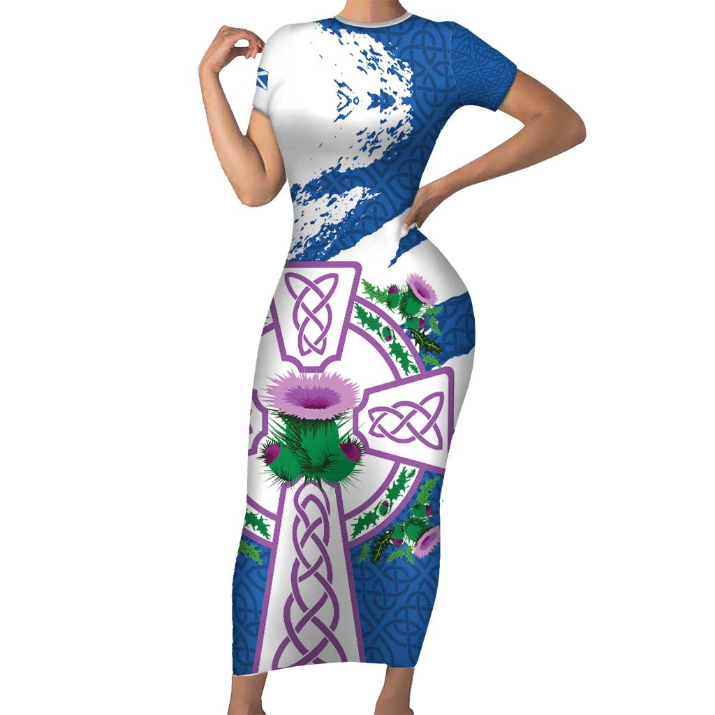 Scotland Celtic Cross Short Sleeve Bodycon Dress Thistle Flowers - Wonder Print Shop
