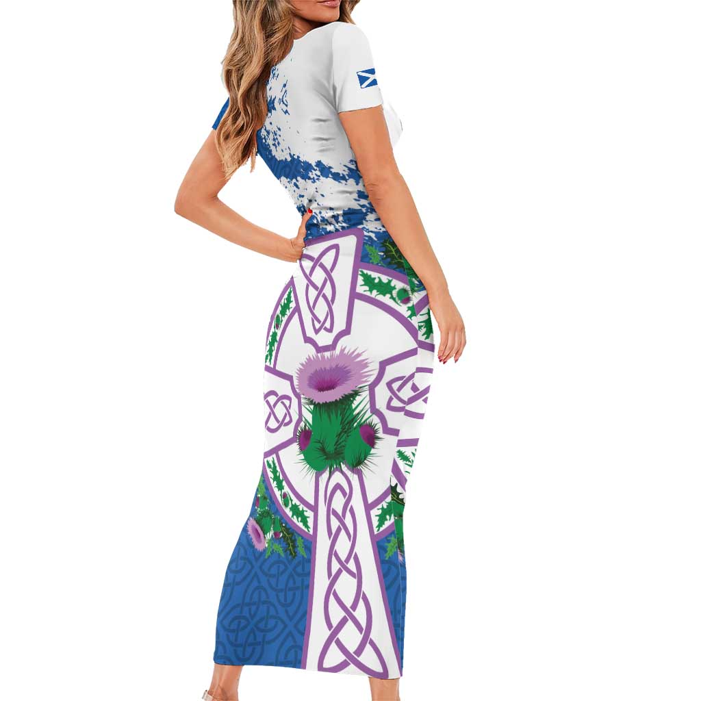 Scotland Celtic Cross Short Sleeve Bodycon Dress Thistle Flowers - Wonder Print Shop