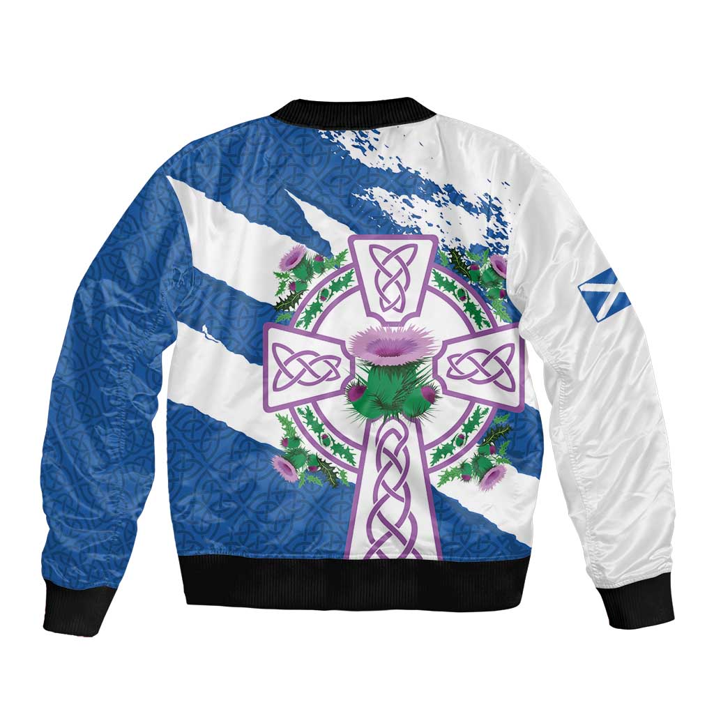 Scotland Celtic Cross Sleeve Zip Bomber Jacket Thistle Flowers - Wonder Print Shop