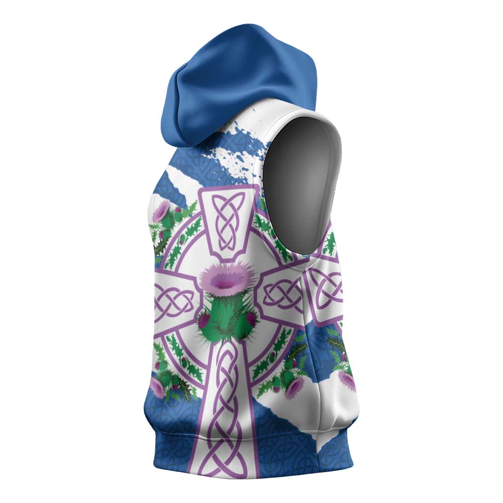 Scotland Celtic Cross Sleeveless Hoodie Thistle Flowers - Wonder Print Shop