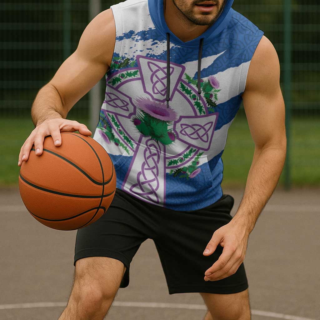 Scotland Celtic Cross Sleeveless Hoodie Thistle Flowers - Wonder Print Shop