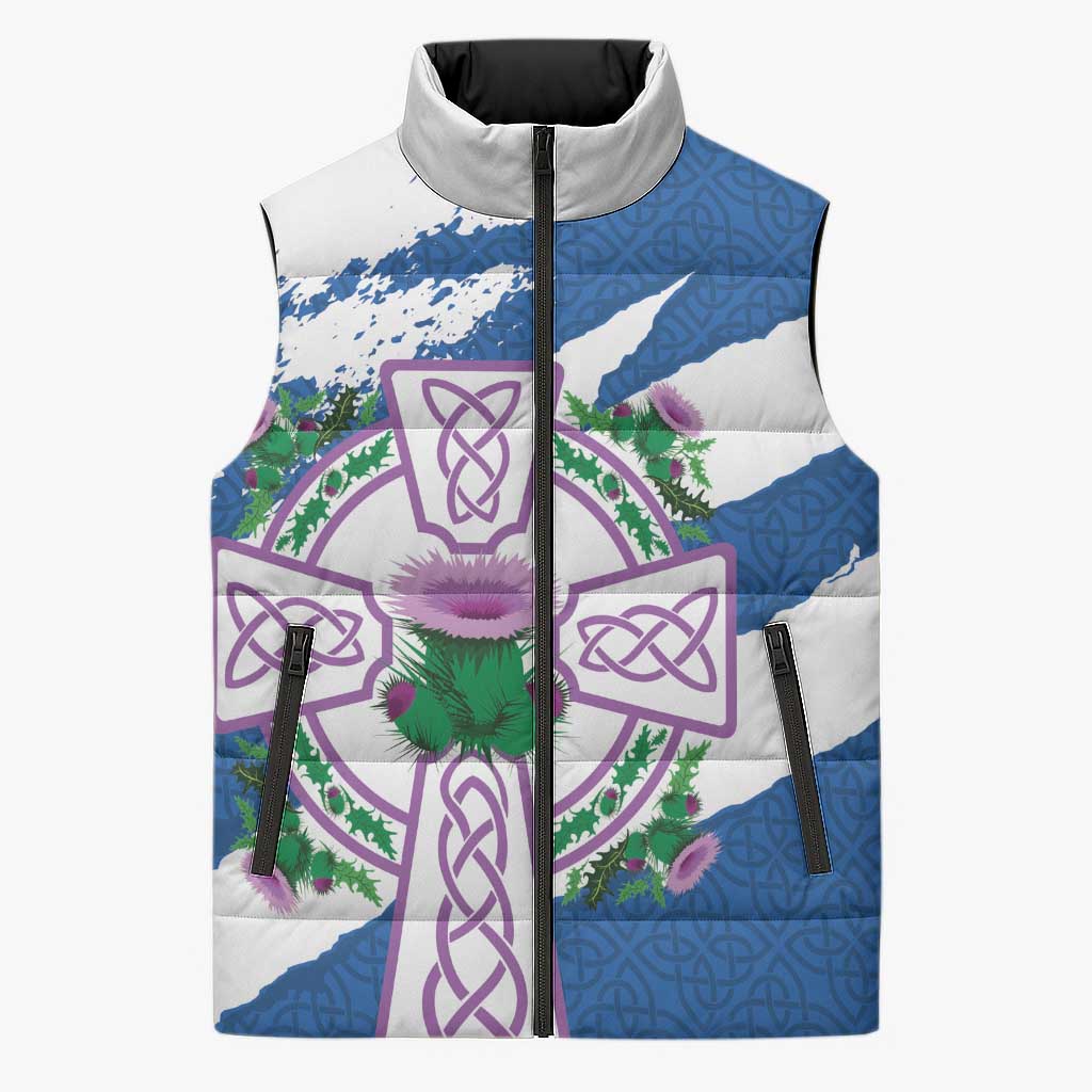 Scotland Celtic Cross Sleeveless Puffer Jacket Thistle Flowers - Wonder Print Shop