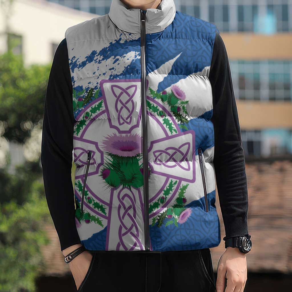 Scotland Celtic Cross Sleeveless Puffer Jacket Thistle Flowers - Wonder Print Shop