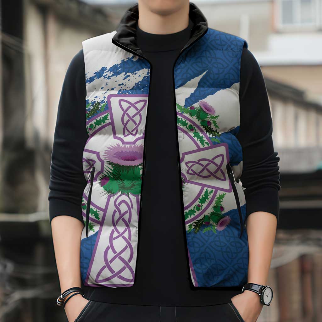 Scotland Celtic Cross Sleeveless Puffer Jacket Thistle Flowers - Wonder Print Shop
