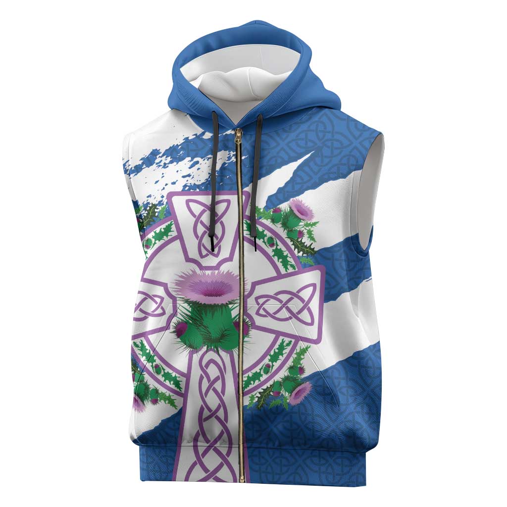Scotland Celtic Cross Sleeveless Zip Hoodie Thistle Flowers - Wonder Print Shop