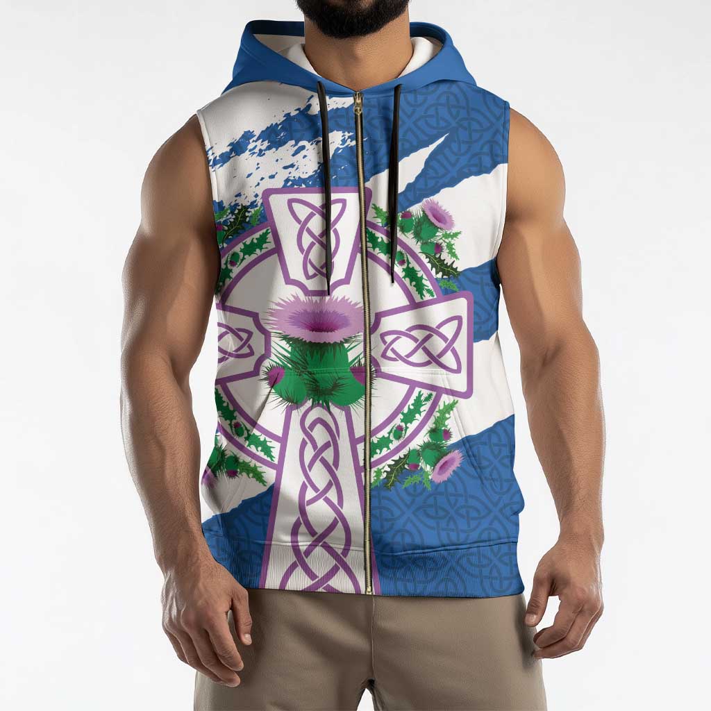 Scotland Celtic Cross Sleeveless Zip Hoodie Thistle Flowers - Wonder Print Shop