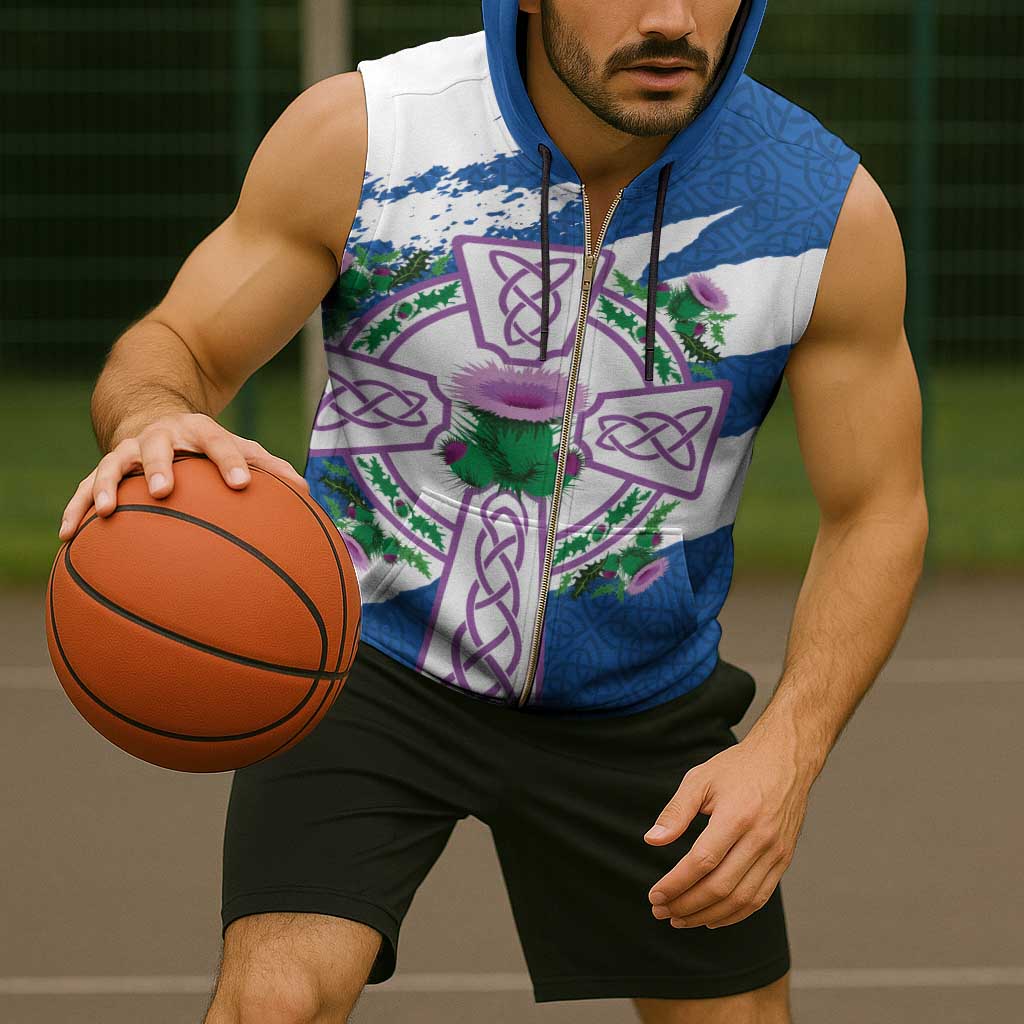 Scotland Celtic Cross Sleeveless Zip Hoodie Thistle Flowers - Wonder Print Shop
