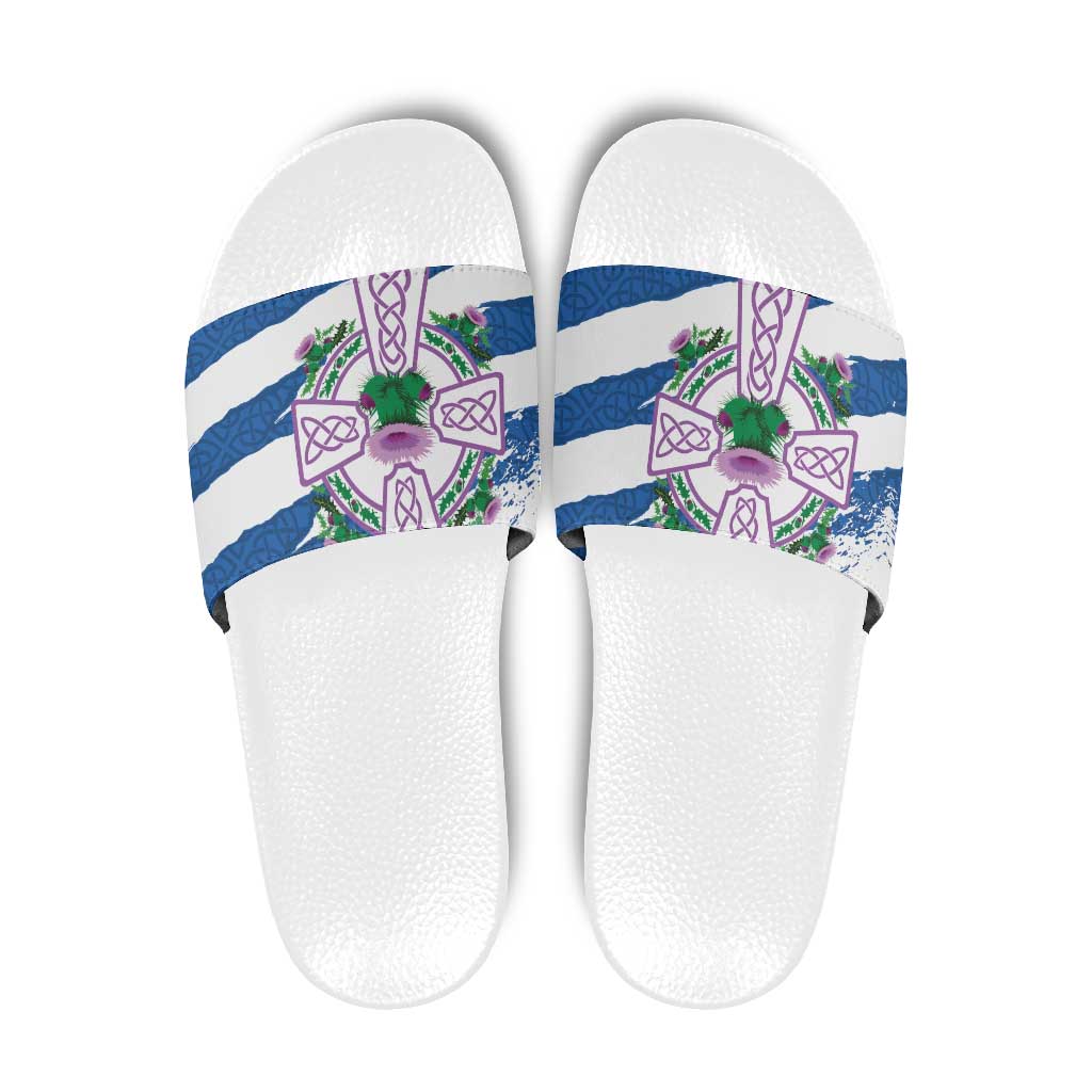 Scotland Celtic Cross Slide Sandals Thistle Flowers - Wonder Print Shop