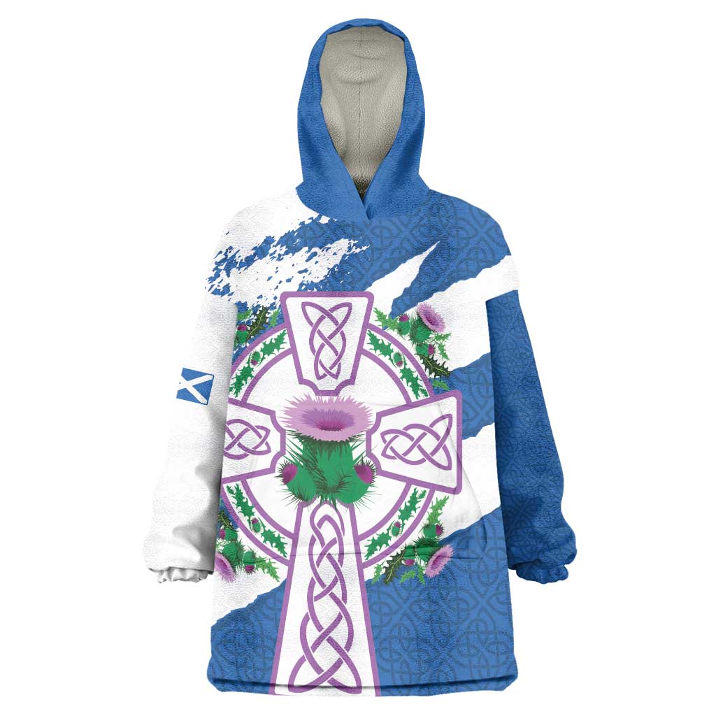 Scotland Celtic Cross Wearable Blanket Hoodie Thistle Flowers - Wonder Print Shop