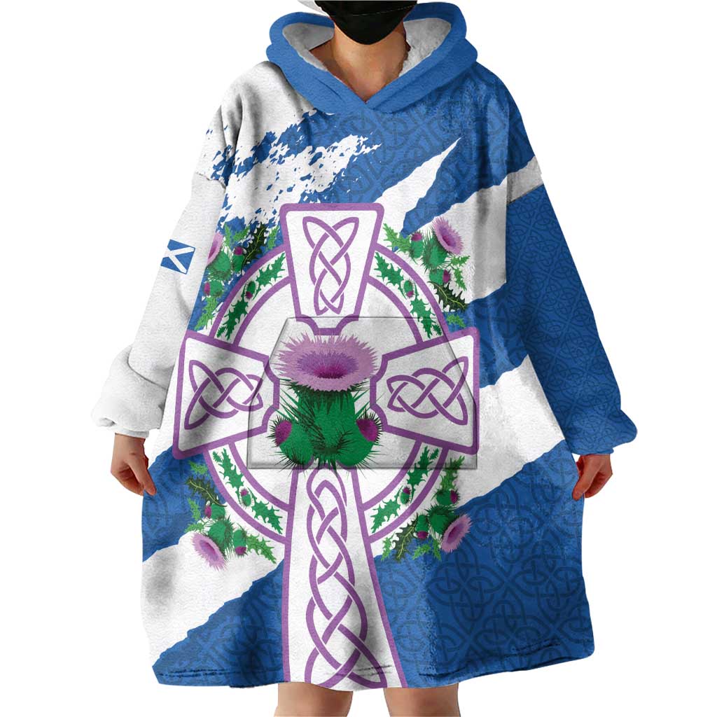 Scotland Celtic Cross Wearable Blanket Hoodie Thistle Flowers - Wonder Print Shop