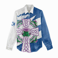Scotland Celtic Cross Women Casual Shirt Thistle Flowers - Wonder Print Shop
